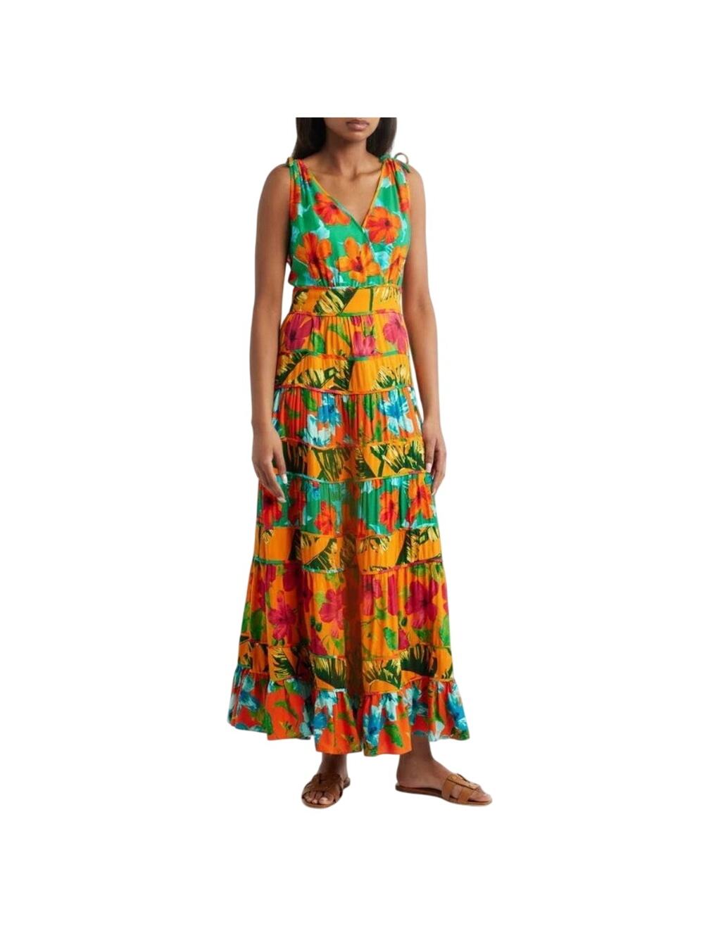 Vince Camuto Women Floral Viscose Sleeveless Tiered V-Neck Maxi Dress Size XS